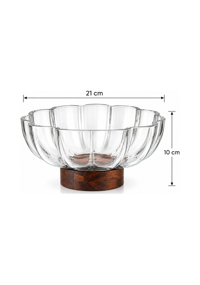 Akasya Standlı Cam Kase 21x10 Cm Ahşap Tabanlı Şeffaf Meyve, Tatlı Ve Sunum Kasesi Şeffaf - 920988268