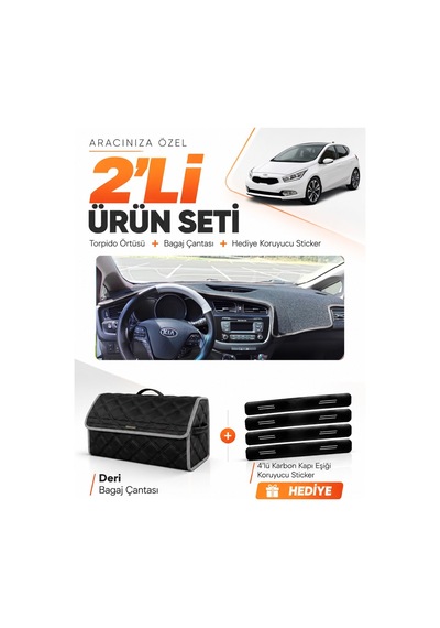 Kia Ceed 2013-2019 Uyumlu Torpido Örtüsü + Deri Bagaj Çantası + Sticker Seti - Siyah Gri