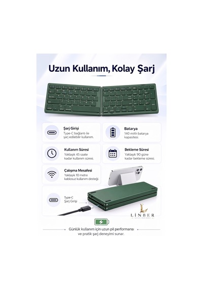 Yeşil Katlanabilir Bluetooth Şarjlı Kablosuz Klavye Tablet Telefon Ve Laptop Uyumlu. Yeşil