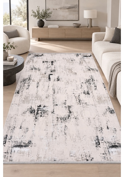 Akila Krem Gri Özel Ölçü Salon Oturma Odası Koridor Halısı Robot Süpürge Uyumlu Kolay Temizlenebilir Polyester Krem/gri