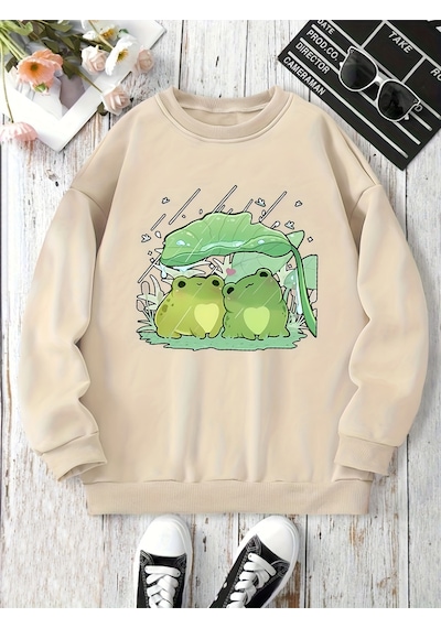 Uyguntarz Unisex Sevimli Kurbagalar Baskılı Oversize Sweatshirt Bej