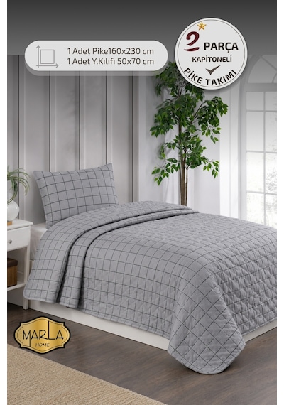 Tek Kişilik Pike Takımı 160x230 Cm Çok Amaçlı Yatak Örtüsü & Battaniye Gri Siyah
