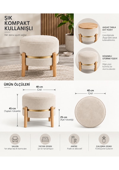 Çok Amaçlı Kompakt Çift Yönlü Ergonomik Puf Ve Sehpa İkisi Bir Arada Gürgen Ayaklı Sehpa Puf Krem