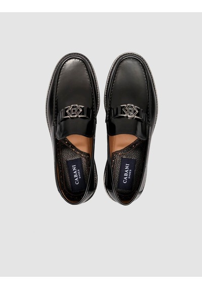 Cabani Hakiki Premimum Deri Siyah Erkek Metal Tokalı Loafer Siyah