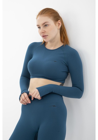 Maraton Active Slimfit Kadın Bisiklet Yaka Uzun Kol Training Mavi Crop Top 816005 Mavi