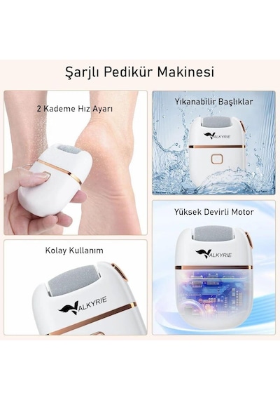 Valkyrie Şarjlı Pedikür Makinesi Nasır Giderici Elektrikli Ayak Törpüsü Type-c 3 Başlıklı Taşınabilir