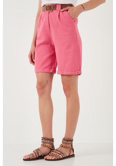 Lela Pamuklu Relaxed Fit Yüksel Bel Kemerli Gabardin Short Bayan Şort 668Yp4710 Fuşya