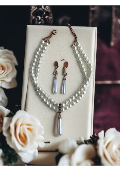 Kristal Taşlı İnci Sallantılı Tasma İnci Kolye Ve İnci Küpe Beyaz
