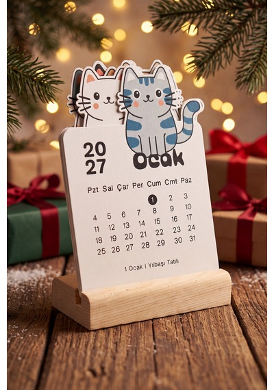 Ahşap Standlı Özel Kesim Sevimli Kediler Tasarımlı 2027 Masaüstü Takvimi 8,5x12 Cm - Yeni Yıl Hediyesi Çok Renkli