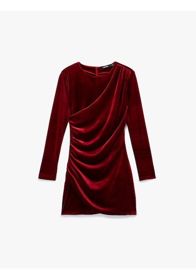 Koton Uzun Kollu Bisiklet Yaka Drape Detaylı Mini Kadife Elbise Bordo 6wak80318ek Bordo