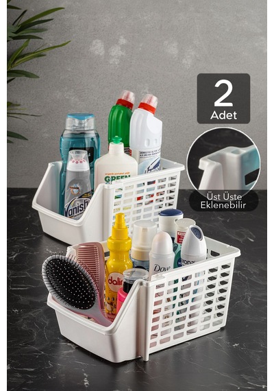 2 Adet Üst Üste Eklenebilir Banyo Mutfak Rafı Beyaz