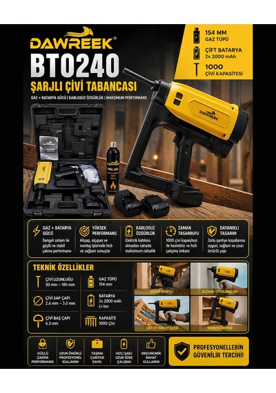 Dawreek Bt0240 Şarjlı Çivi Tabancası Gaz + Batarya Profesyonel Çakma Makinesi 30-180mm
