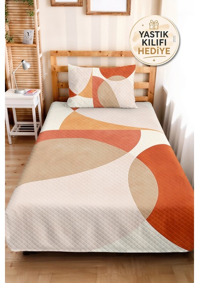 Turuncu Geometrik Genç Odası Tek Kişilik Pike Takımı - Modern Bej 160x220 Cm Kapitone Yatak Örtüsü Narin İpek Zemini