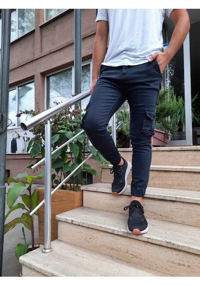 Tarz Cool Erkek Slim Fit Kargo Cep Likralı Pantolon Füme