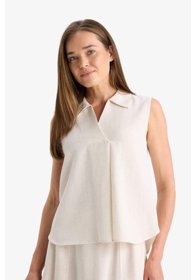 Defacto Regular Fit Polo Yaka Keten Karışımlı Kolsuz Bluz F0982ax25hser37 Ekru