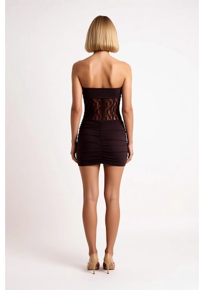Benerly Kadın Straplez Dantelli Kısa Elbise Bodycon Kesim Astarlı Kolsuz Kahverengi