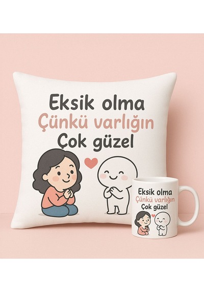 Bk Gift Varlığın Çok Güzel Tasarımlı Beyaz Kırlent Yastık&beyaz Kupa Bardak-1, Doğum Günü Hediyesi, Anneye Hediye, Sevgiliye Hediye, Anneler Günü Hedi