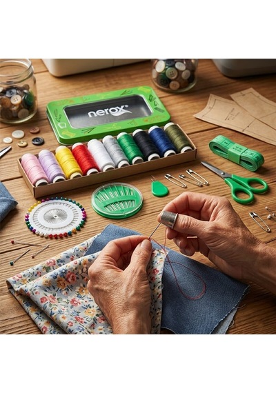 Nerox Nrx-0749 Metal Kutu Dikiş Seti İplik, Mezura, Tekstil Makası, İğne, Yüzük - 6'li Paket