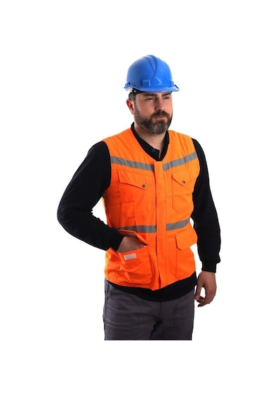 Eser - V Yaka Fosforlu Harman Kumaş Yelek - Turuncu