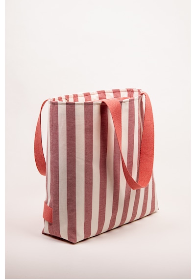 Fabric Craft Bag Plaj Çantası Çizgili Keten Büyük Boy Omuz Çantası 50x40 Cm Çıkarılabilir Cüzdanlı Gülkurusu - Beyaz