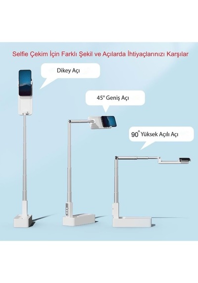 Led Işıklı Selfie Telefon Standı, Ring Light Ve 360 Döner Telefon Tutucu, Kumandalı Şarj Edilebilir Ayarlanabil