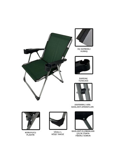 Metallica Concept Lüx Krom 2 Adet Kamp Sandalyesi Katlanır Üç Katlı Bardaklıklı Piknik Sandalysi 140 Kg Taşıma Kapasiteli Yeşil