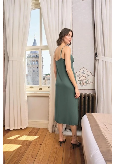 Ang Butik Kadın Çiçek Ve Yaprak Desenli Dantelli Ve Dekolteli Sabahlık Takımı Yeşil