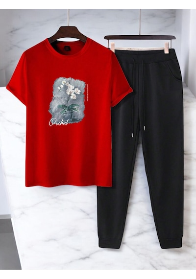 Uyguntarz Unisex Saksı Tasarım Basklı Tshirt Eşofman Takımı Kırmızı