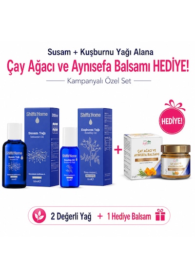 Shiffa Home Susam+kuşburnu Yağı Alana Çay Ağacı Ve Aynısefa Balsamı Hediye Kuru Ciltlere Özel Bakım Seti