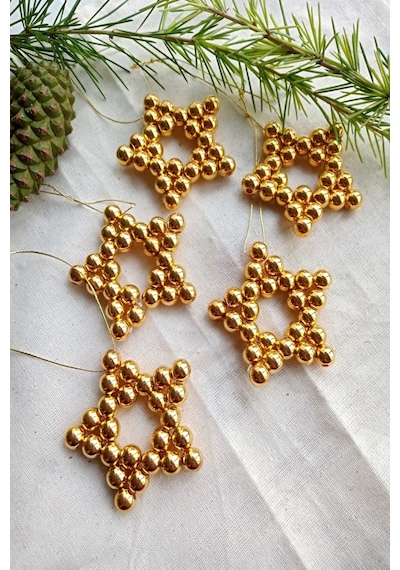 Stars - 5 Adet Parlak Gold Yıldız Dekoratif Süs - Kapı Süsü - Yıl