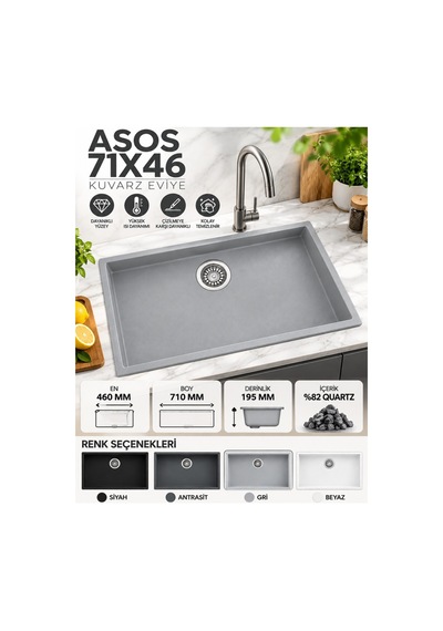 Granit Evye Asos Series Siyah Renk En:460 Mm Boy :710 Mm Derinlik :195 Mm