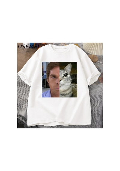 Tarzsokak Dexter Morgan Kedi T-shirt Komik Pamuk Kısa Kollu O Boyun Tshirt Unisex Streetwear Erkek Giys 2802 Beyaz