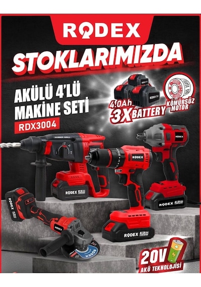 Rodex RDX3004 20V 3x4.0 Ah Li-ıon D.Matkap 45 NM D.Somun Sıkma 300 NM Kırıcı Delici 2.5J Avuç 4'lü Makine Seti