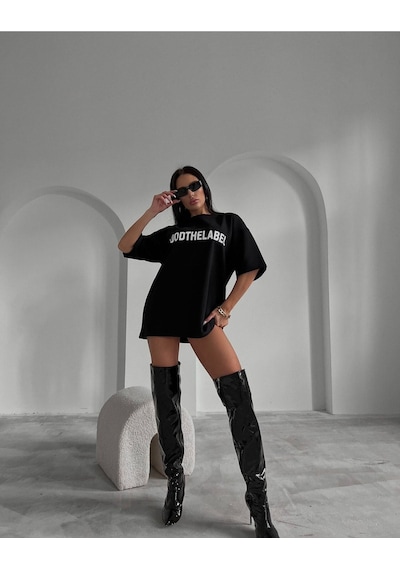 Siyah Oversize Mood The Label T-shirt - Oversize Baskılı SIYAH