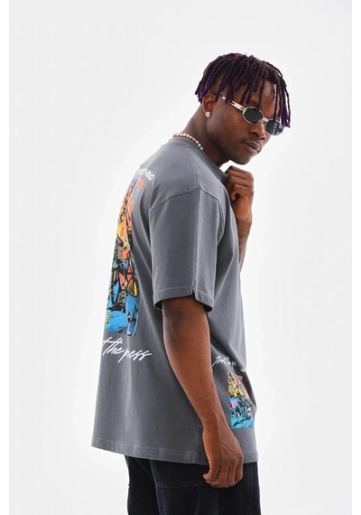 Erkek Bisiklet Yaka Baskılı Oversize T-shirt - Gri Gri