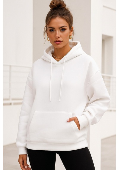 Kadın Ekru Kanguru Cepli Kapüşonlu Scuba Sweatshirt Ekru