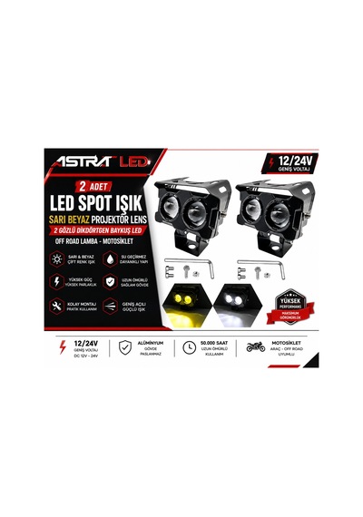 2 Adet Led Spot Işık Ve Sarı Beyaz Projektör Lens 2 Gözlü Dikdörtgen Baykuş Led Off Road Lamba Motosiklet