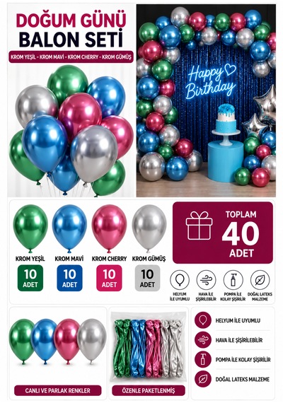 Krom 40'lı Doğum Günü Parti Balon Seti Çok  Renkli