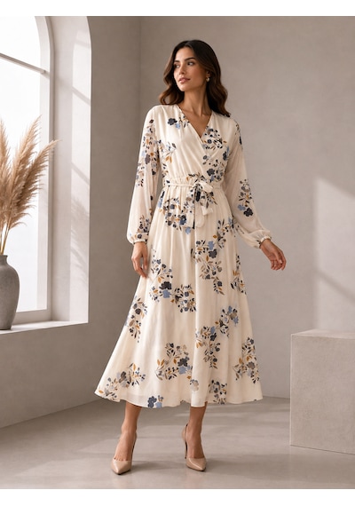 Bidesing Kadın Ekru Floral Desenli Uzun Kollu Şifon Maxi Elbise Ekru Mavi Bej
