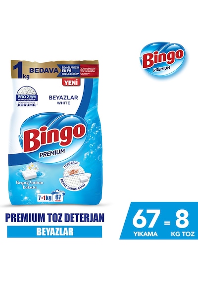 Bingo Matik Premium Beyazlar için 8 KG Beyaz Sabun Kokulu Toz Deterjan