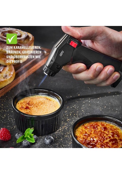 Ayrex Gefu Zuca Crème Brûlée Seti, 5 Parça, Alev Ayarlı Ve Çocuk Emniyetli Gazlı Brülör, 4 Seramik Kase, Ayak