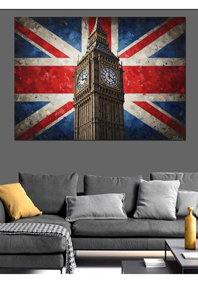 İngiliz Bayrağı Ve Big Ben Dekoratif Kanvas - Mdf Ahşap Tablo