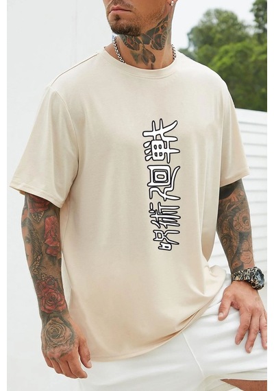 Unisex Jujutsu Kaisen Baskılı T-shirt Bej