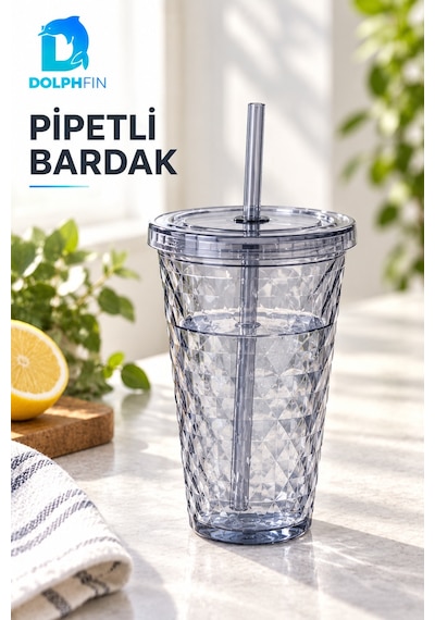 Diamond Pipetli Bardak Kapaklı Şeffaf Desenli Soğuk İçecek Bardağı Çok Renkli