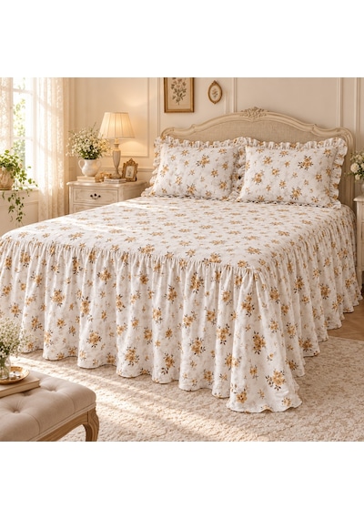 Kır Çiçekleri Bej Vintage Pastel Çiçek Desenli %100 Pamuk Fırfırlı Etekli Lastikli Çarşaf Takımı Çok Renkli