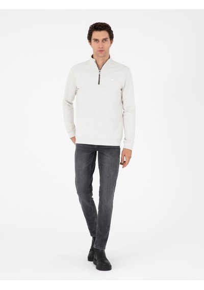 Ekru Regular Fit Pamuk Karışımlı Yarım Fermuarlı Sweatshirt Bej
