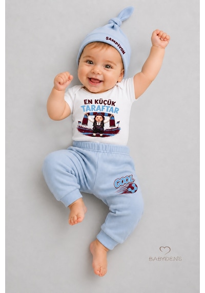 Babyden's %100 Pamuk Bordo Mavi En Küçük Taraftar Bebek Takımı 3'lü Kısa Kol Body,pantolon Ve Şapkalı Yenidoğan Seti 0-9 Ay