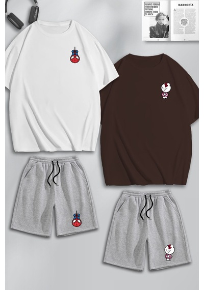 Unisex Kadın Erkek Hello Kitty Spiderman Baskılı Sevgili Çift Kombini Tasarım Oversize Tshirt V Şort Kahve Beyaz Gri Mck0299 Çok Renkli