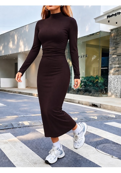 Bhrwear Kadın Uzun Kollu Balıkçı Yakalı Beli Büzgülü Uzun Modal Elbise Renkli