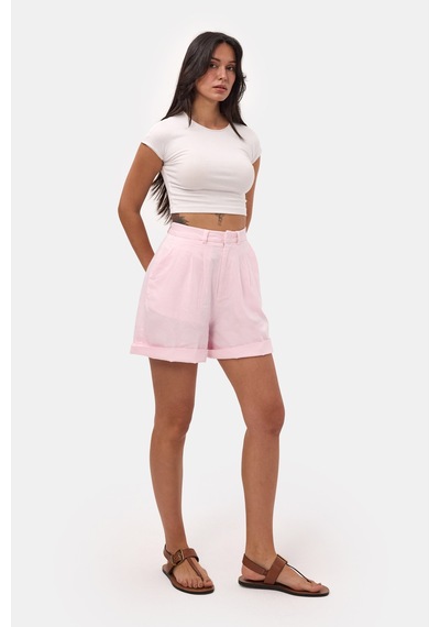 it's basic Kadın Pembe 6s6-98 Mom Relax Fit Organik Keten Kumaş Şort